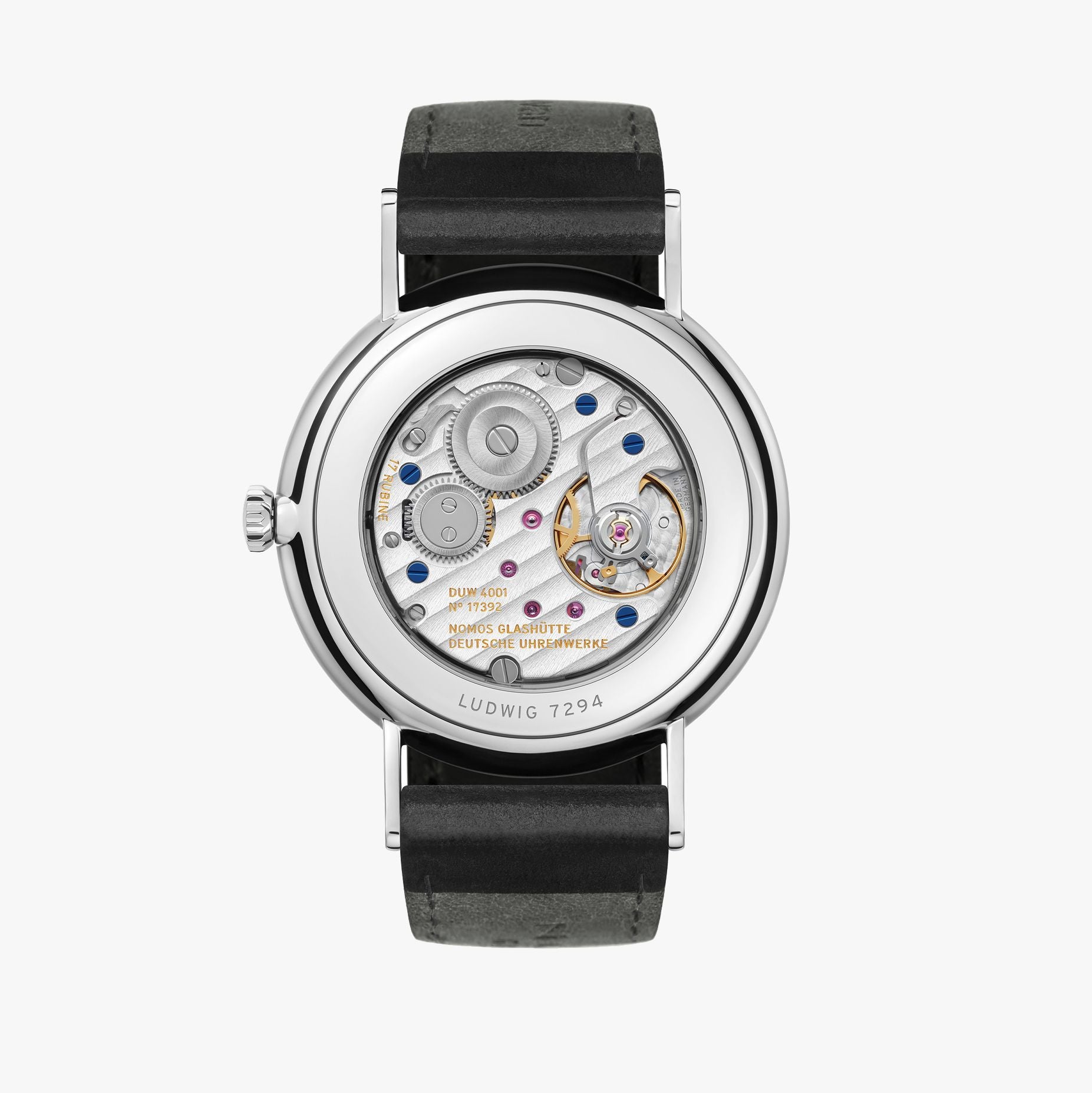 Watch with black strap and visible mechanical components on a white background