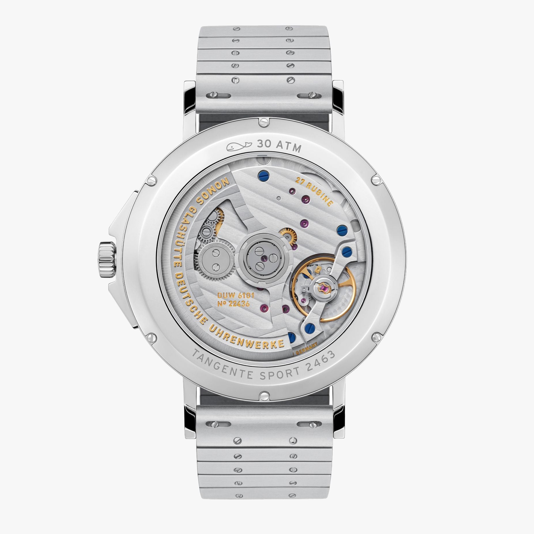 Silver watch with visible mechanical components on a white background