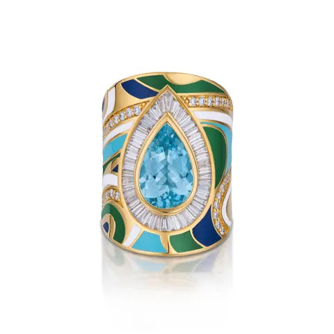 Buddha Mama Sky Blue Swirl Wrap Ring in 20K Yellow Gold, Size 8
