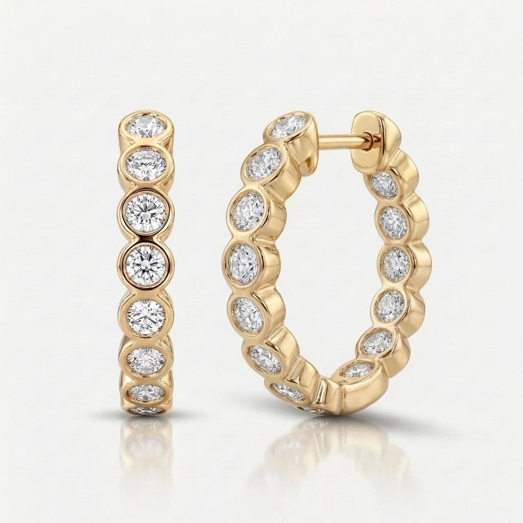 Inside Outside Bezel Set Diamond Hoop Earrings in 14K Yellow Gold