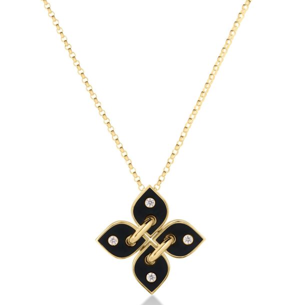 Roberto Coin Love in Verona Black Enamel Flower Necklace in 18K Yellow Gold