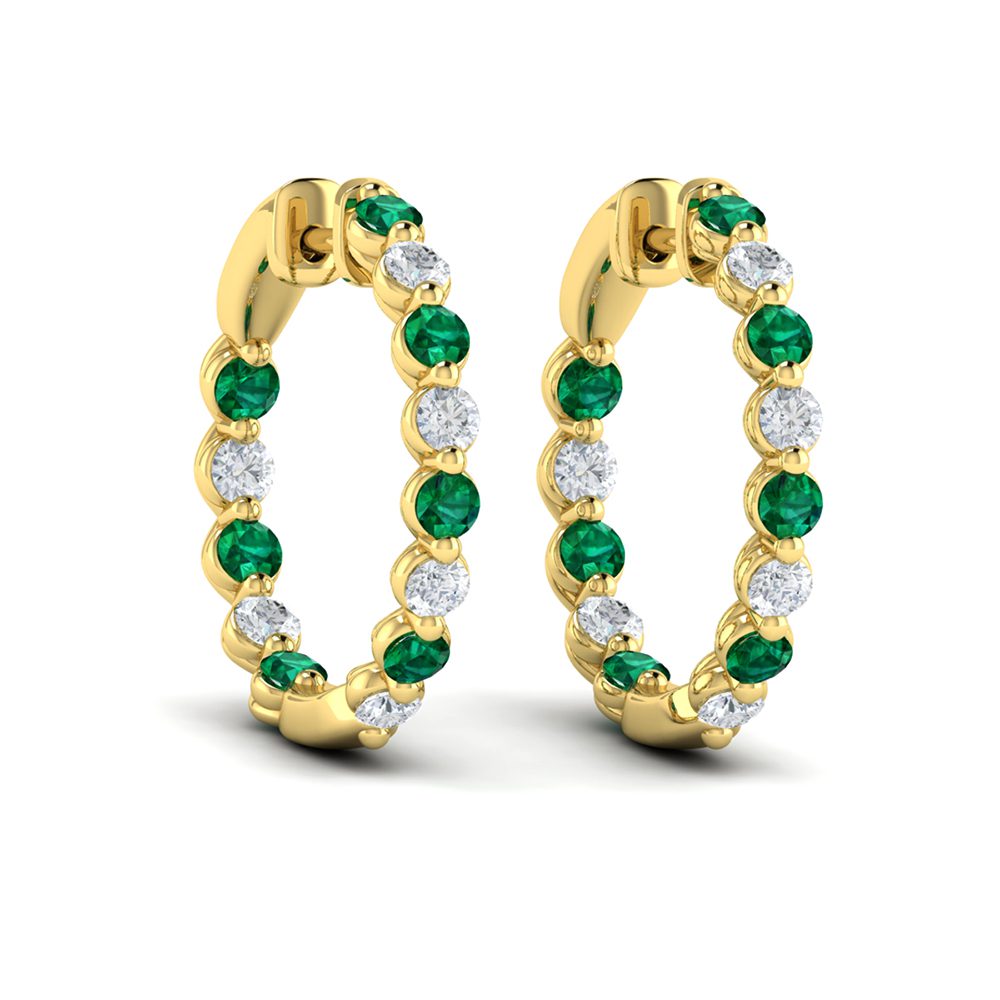 Emerald Diamond Inside Outside Hoop Earrings in 14K Yellow Gold
