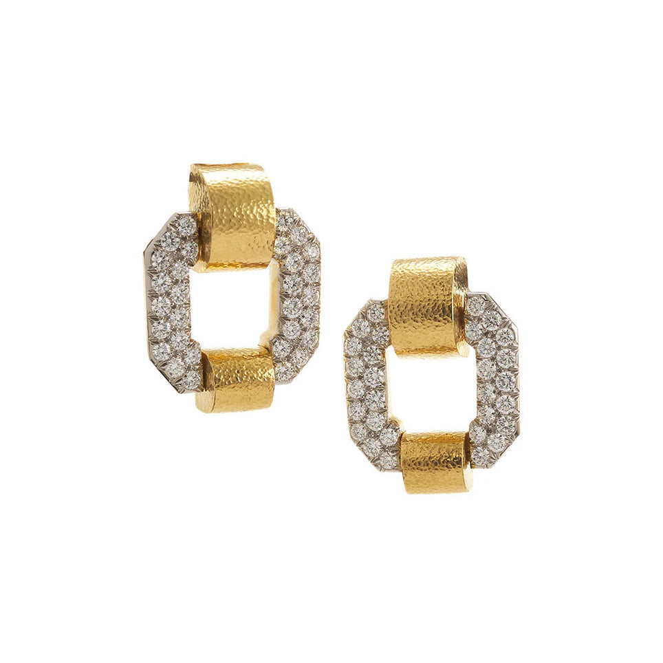 David Webb Octagonal Buckle Diamond Earrings in 18K Yellow Gold