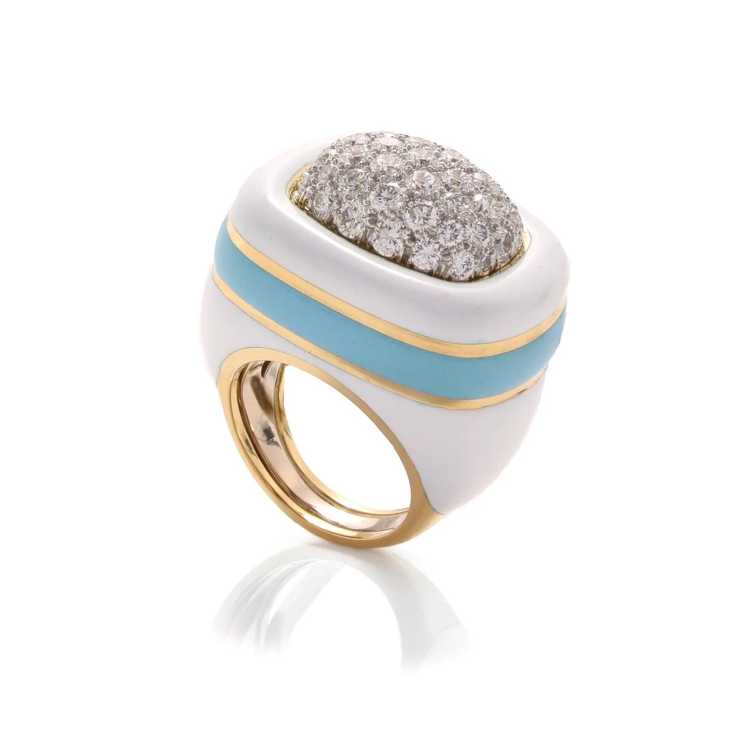 David Webb White & Blue Enamel Cabana Ring in 18K Yellow Gold, Size 6