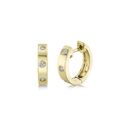 Three Stone Diamond Huggie Hoop Earrings in 14K Yellow Gold