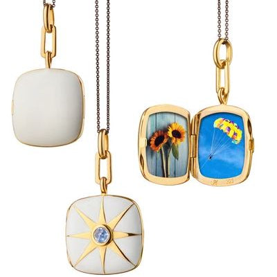 Monica Rich Kosann Sapphire White Enamel Cushion Locket Necklace in 18K Gold Plated, 17" Length