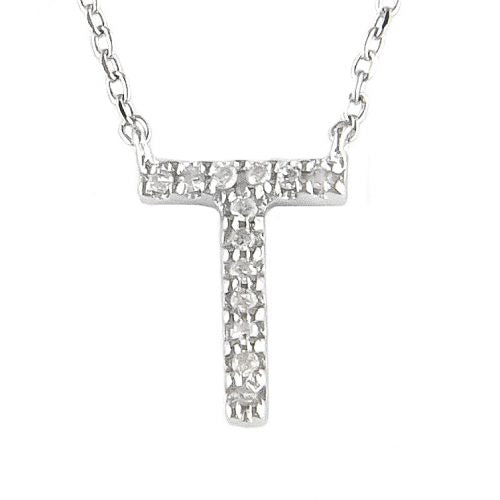 "T" Diamond Initial Pendant Necklace in Sterling Silver