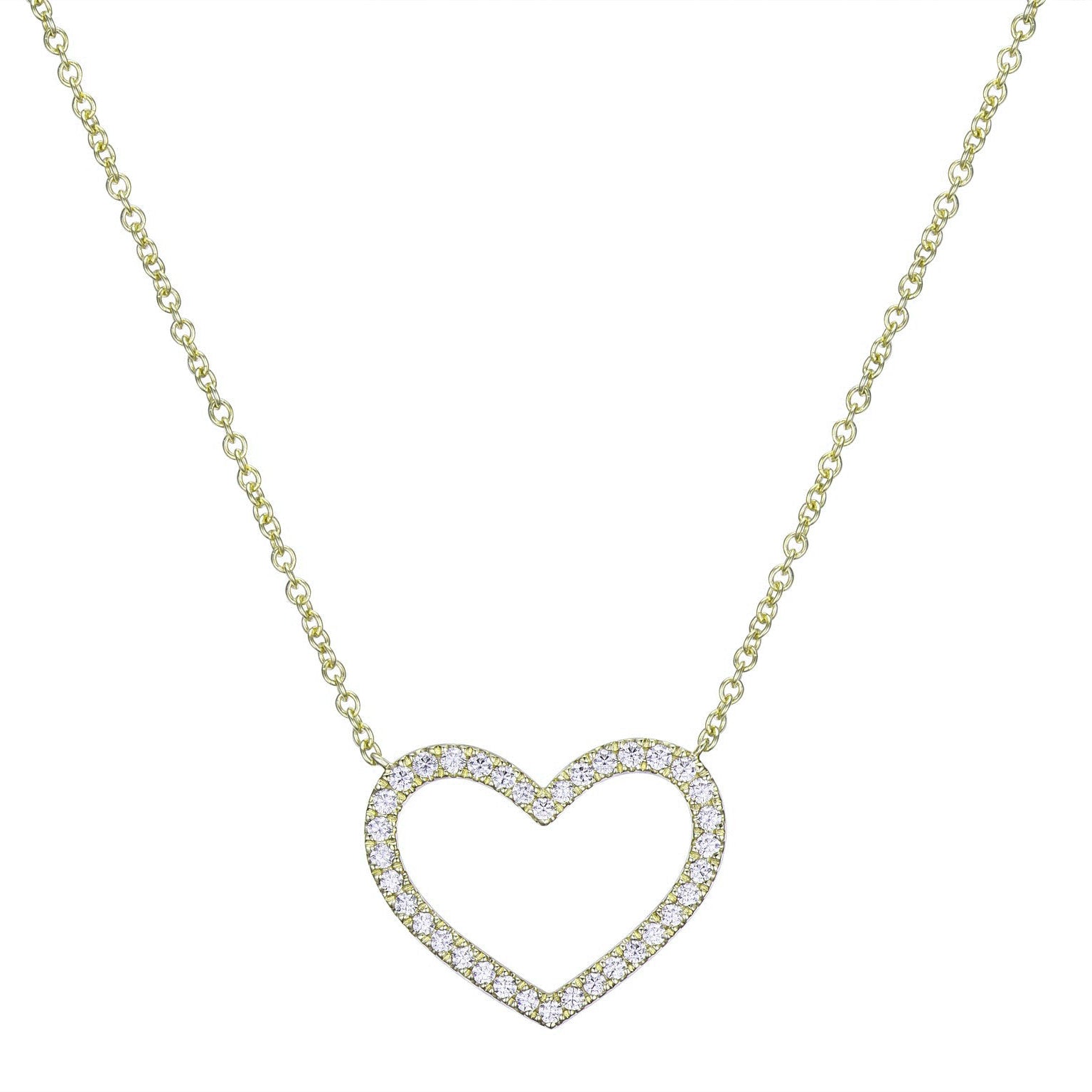 Large Pave Diamond Open Heart Station Necklace in 14K Yellow Gold