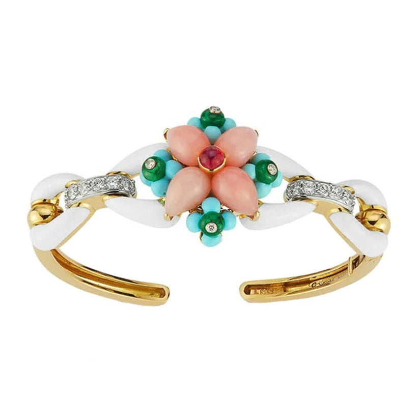 David Webb Asheville White Enamel Flower Bracelet in 18K Yellow Gold