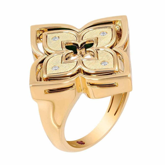 Roberto Coin Malachite Venetian Princess Pirouette Flower Ring in 18K Yellow Gold, Size 6.5