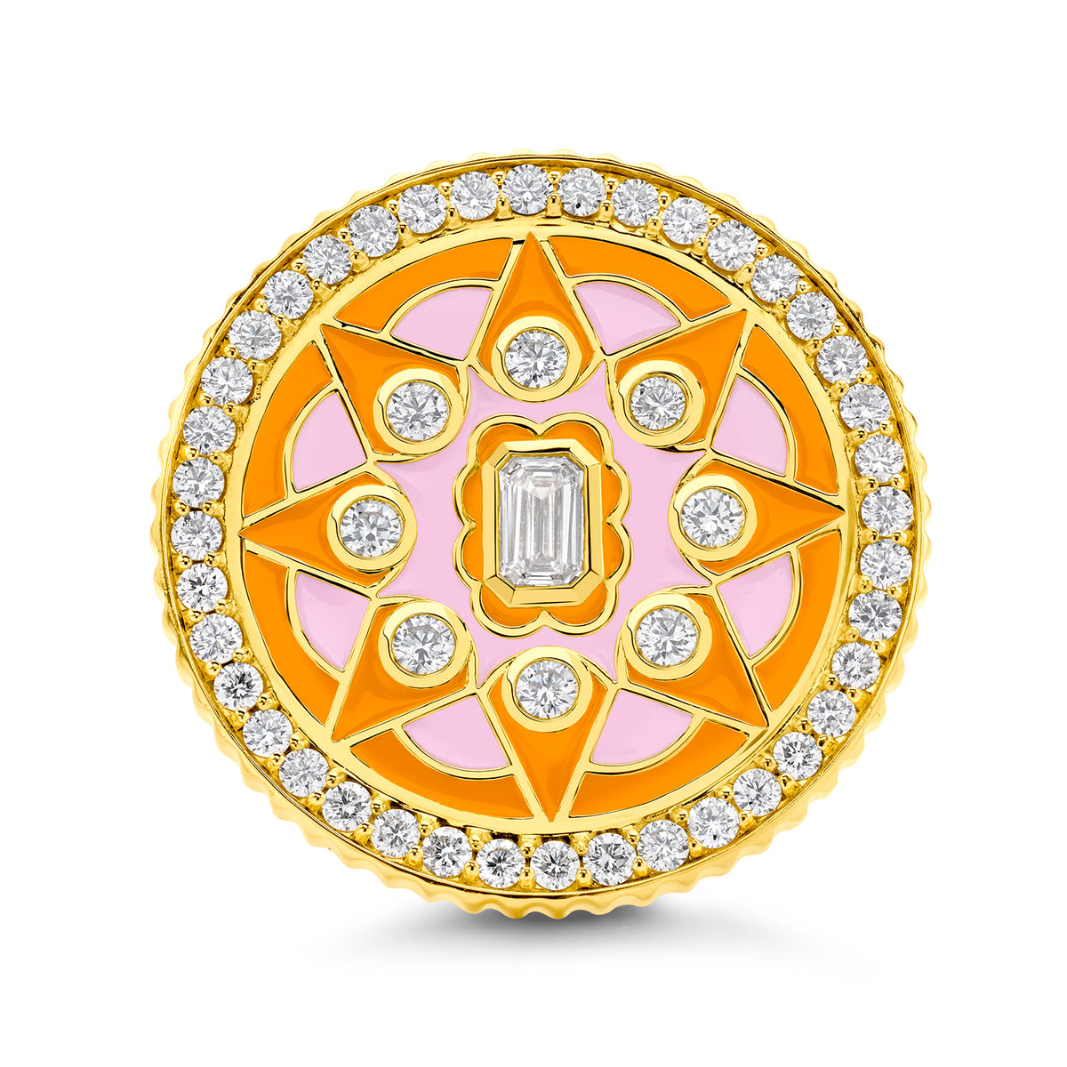 Buddha Mama Mandala Orange & Pink Diamond Ring in 20K Yellow Gold, Size 7.5
