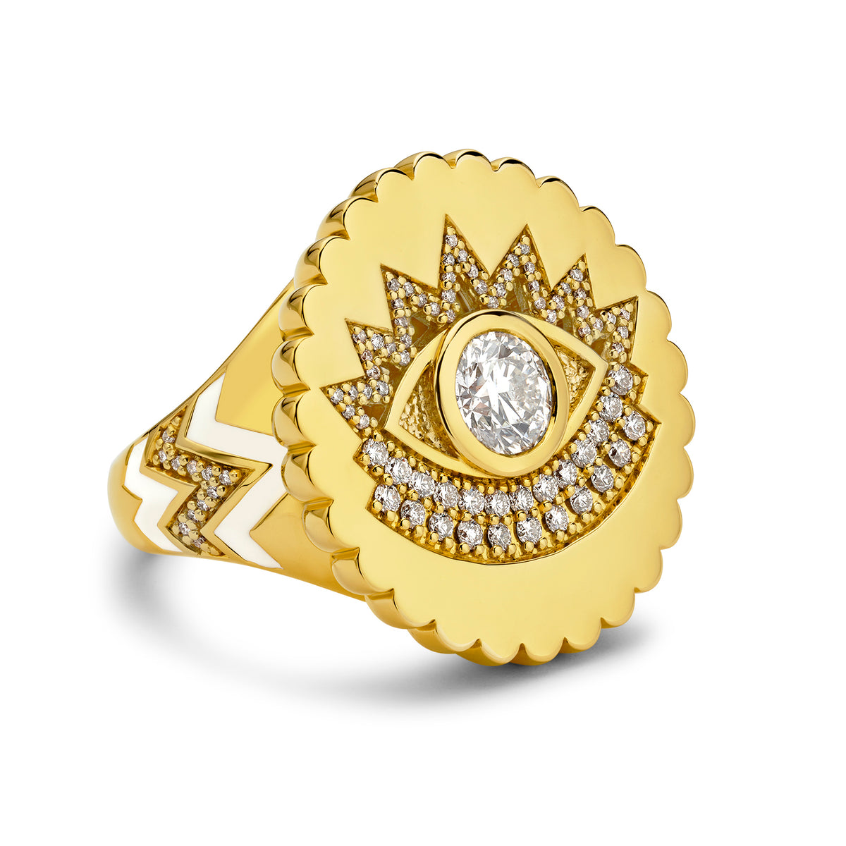 Buddha Mama Scalloped Evil Eye Diamond Ring in 20K Yellow Gold, Size 7.5