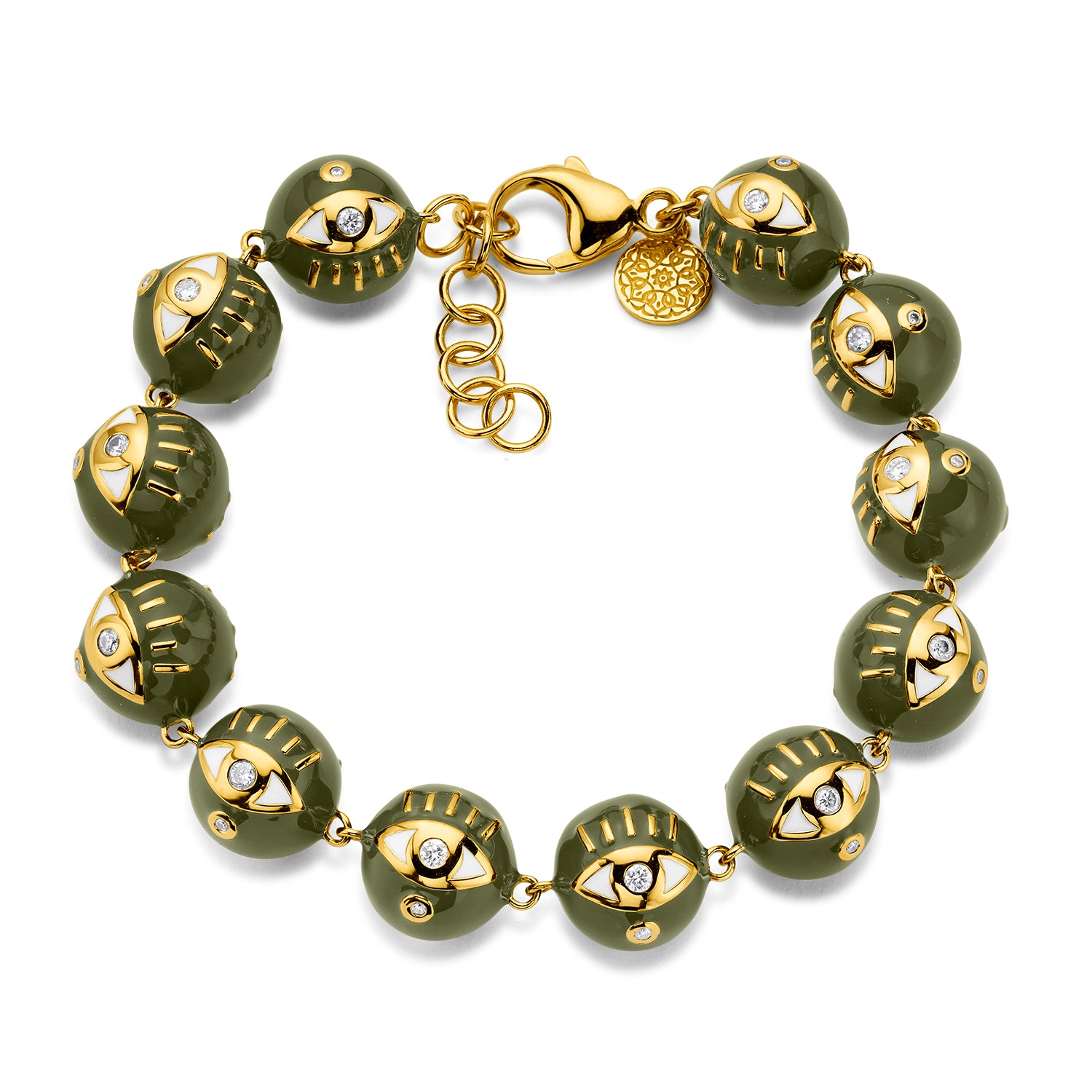 Buddha Mama Evil Eye Army Green Enamel Beaded Bracelet in 20K Yellow Gold