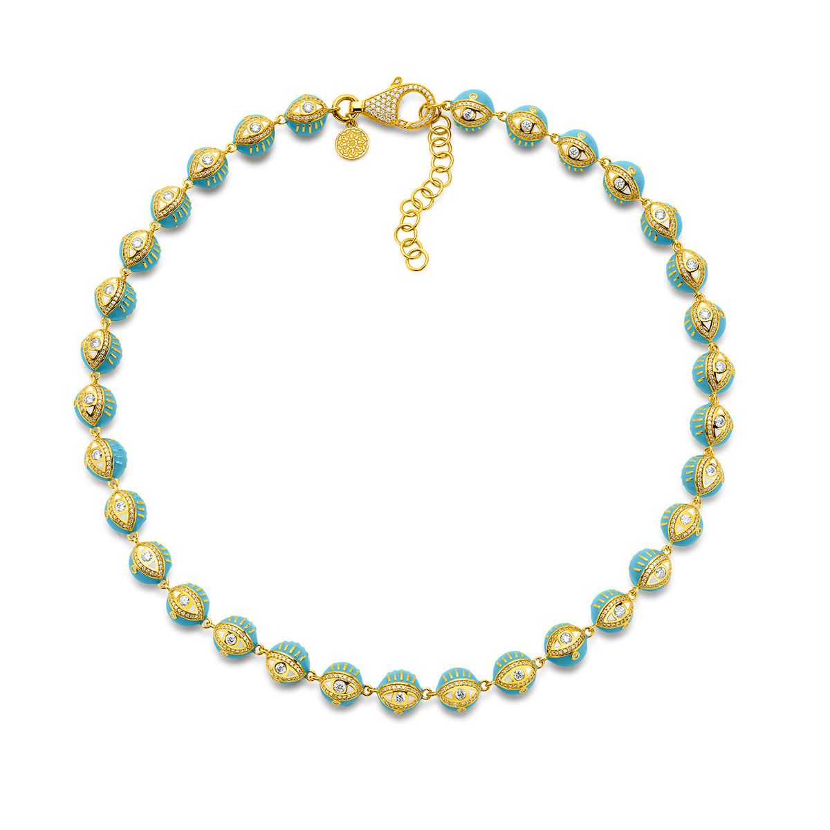 Buddha Mama Sky Blue Evil Eye Beaded Necklace in 20K Yellow Gold