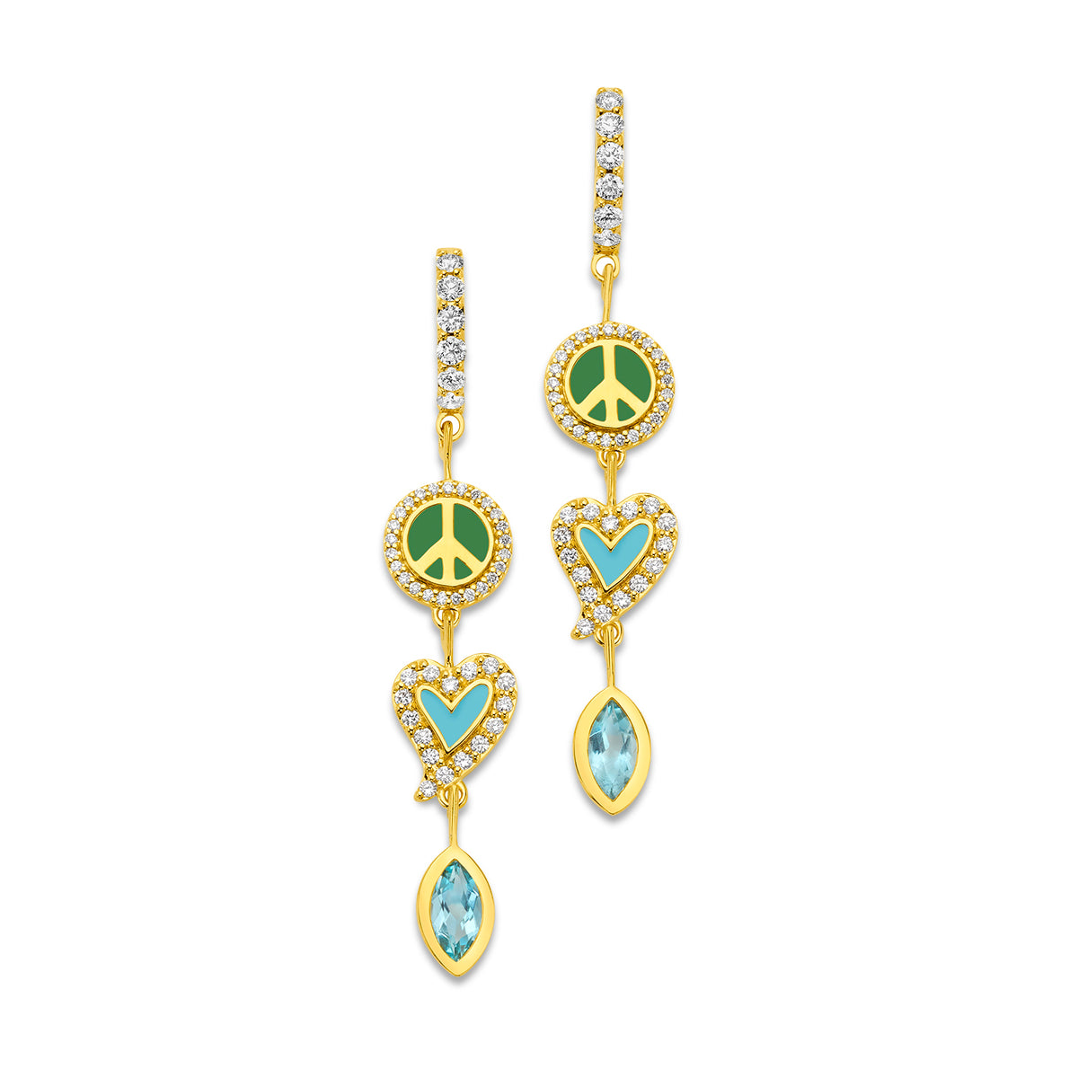 Buddha Mama Green & Blue Peace & Love Drop Earrings in 20K Yellow Gold