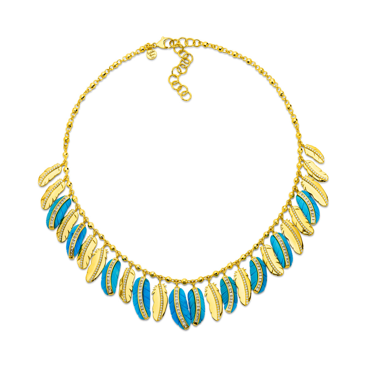 Buddha Mama Turquoise Feather Collar Necklace in 20K Yellow Gold