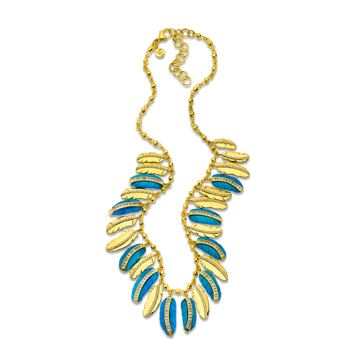 Buddha Mama Turquoise Feather Collar Necklace in 20K Yellow Gold