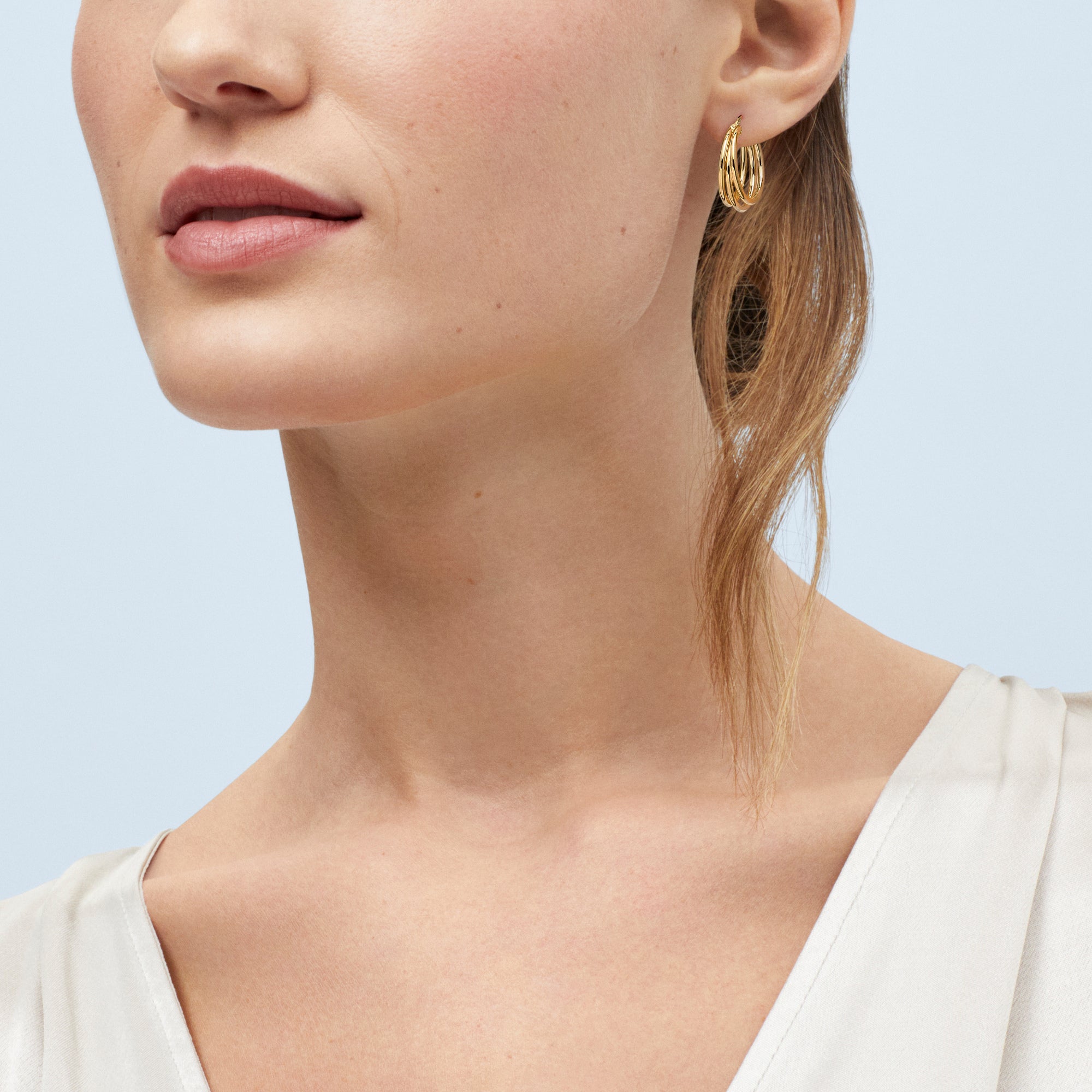 Triple Row Hollow Hoop Earrings in 14K Yellow Gold