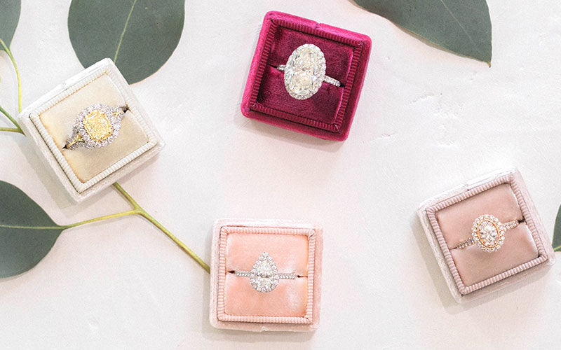 four diamond rings in pink boxes on a green leaf and white surface