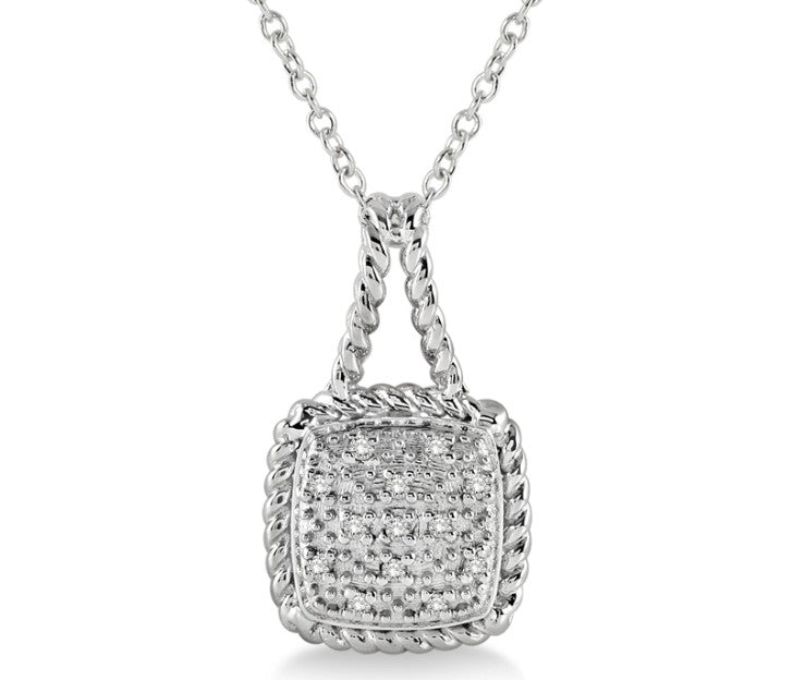 Pave Diamond Cushion Pendant Necklace in Sterling Silver