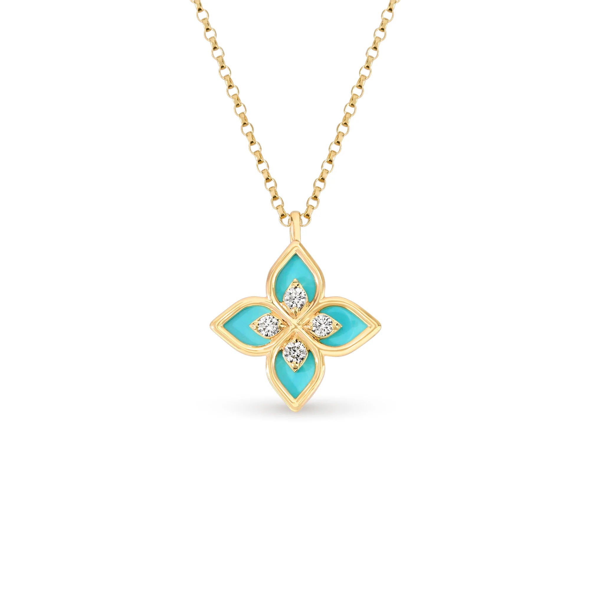 Roberto Coin Tiny Blue Enamel Princess Flower Necklace in 18K Yellow Gold