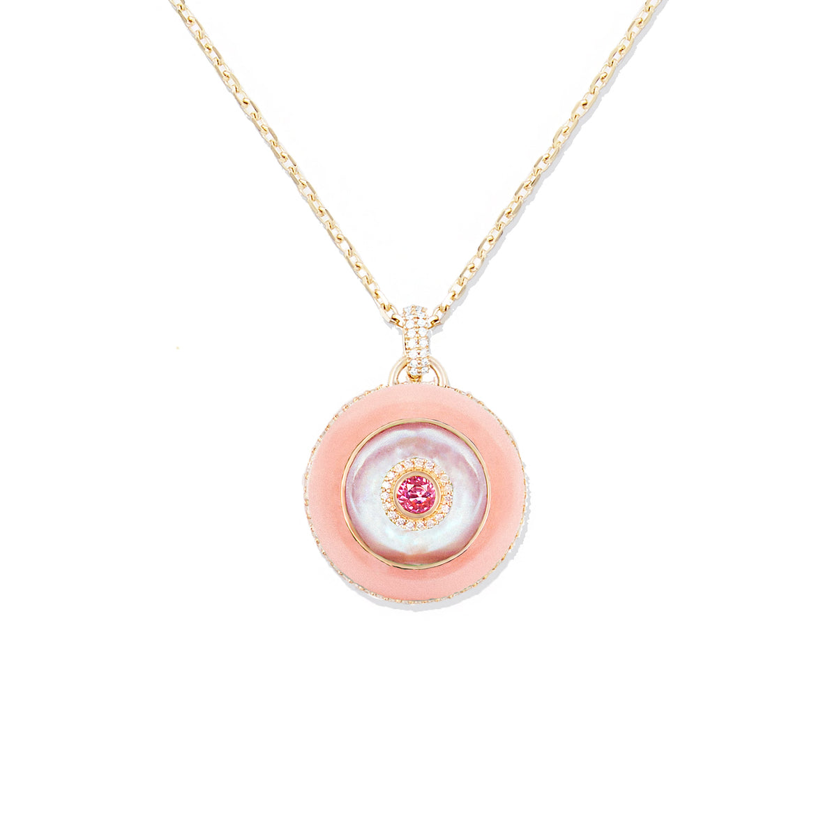 Campbell + Charlotte Large Pink Disc Pendant Necklace in 14K Yellow Gold