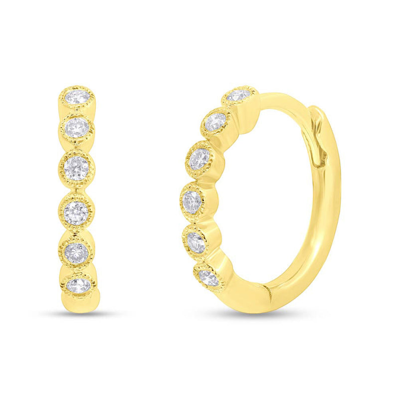 Milgrain Diamond Huggie Hoop Earrings in 14K Yellow Gold