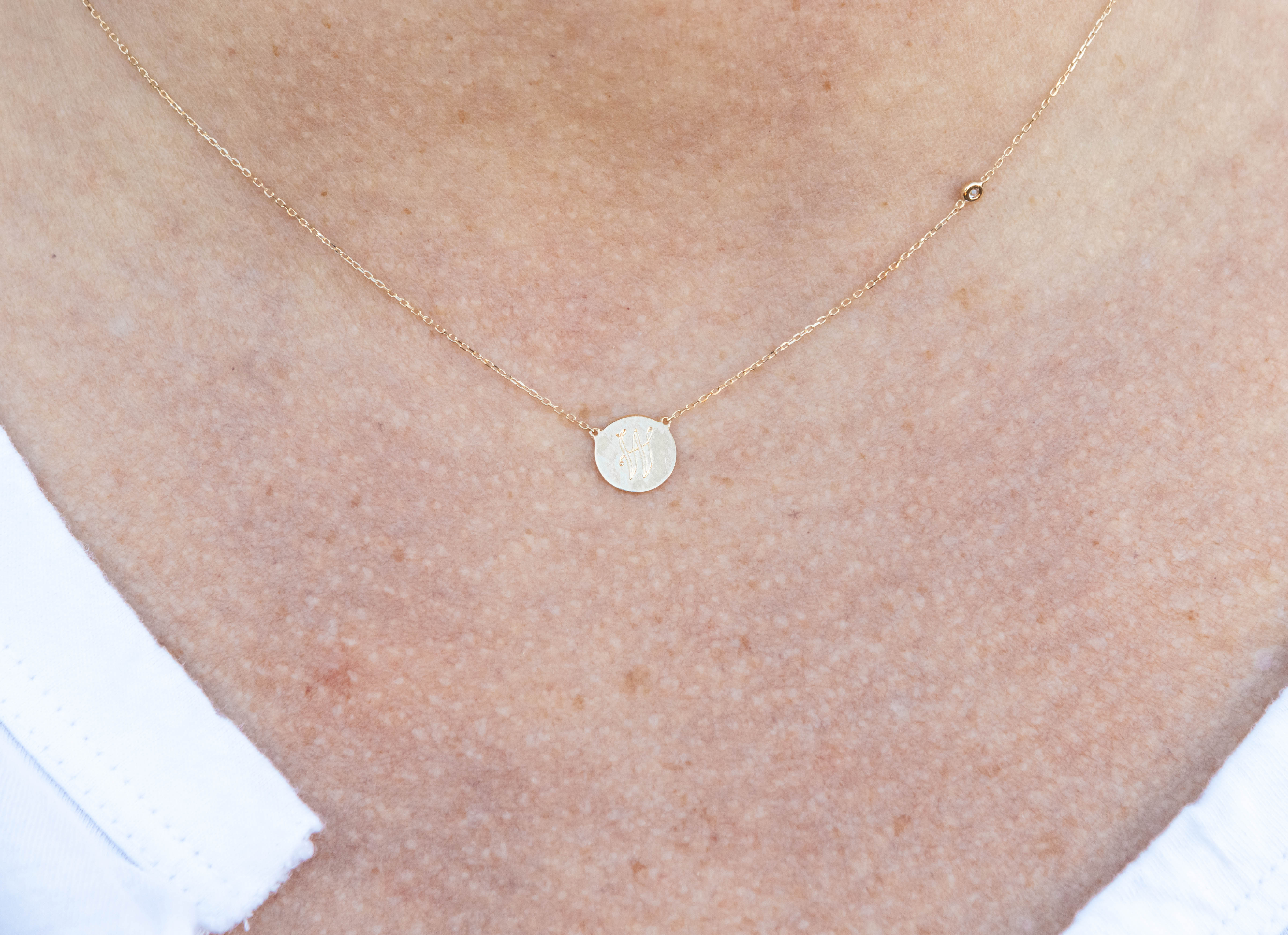 Small Disc Pendant with Diamond Station Necklace in 14K Yellow Gold