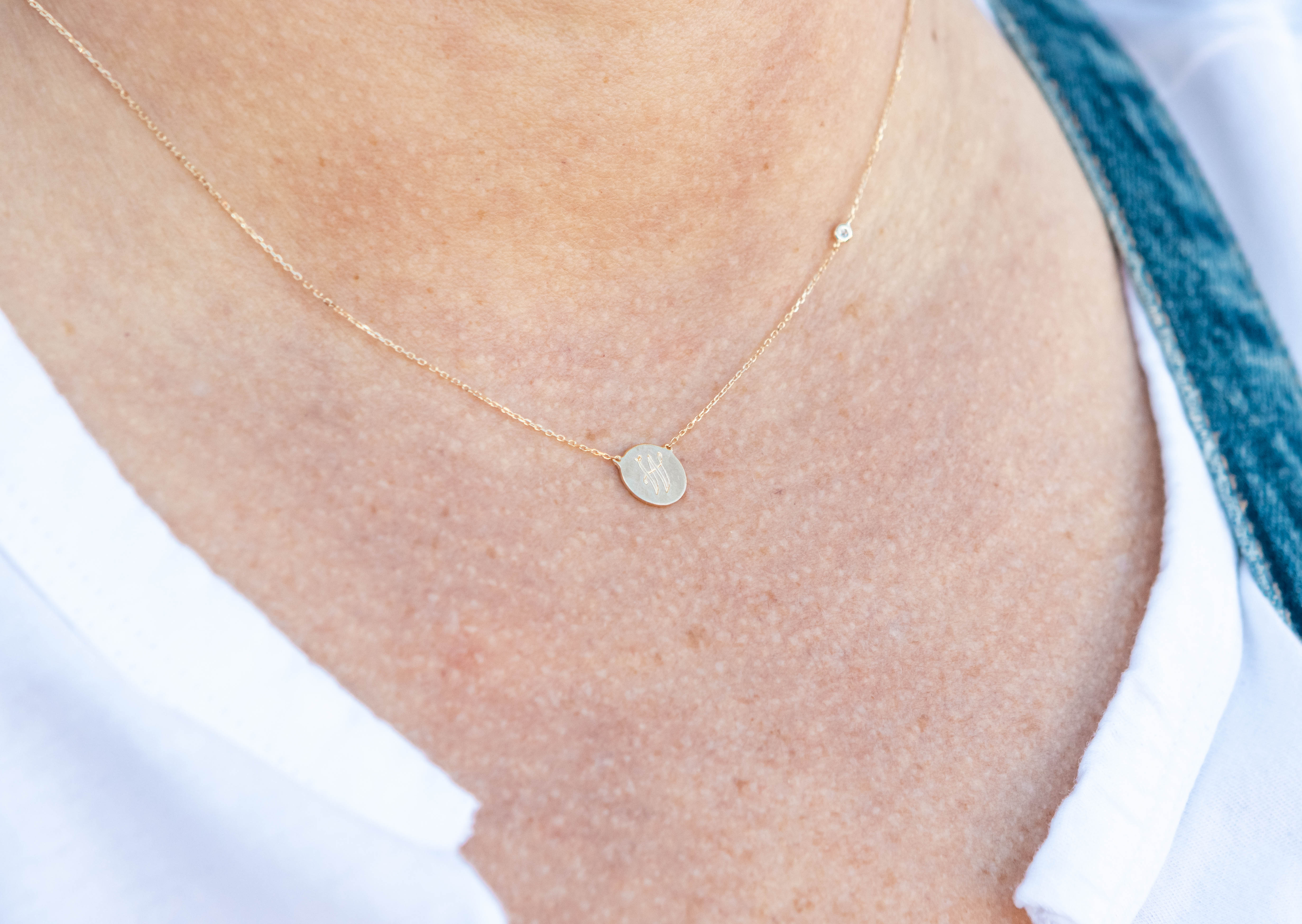 Small Disc Pendant with Diamond Station Necklace in 14K Yellow Gold