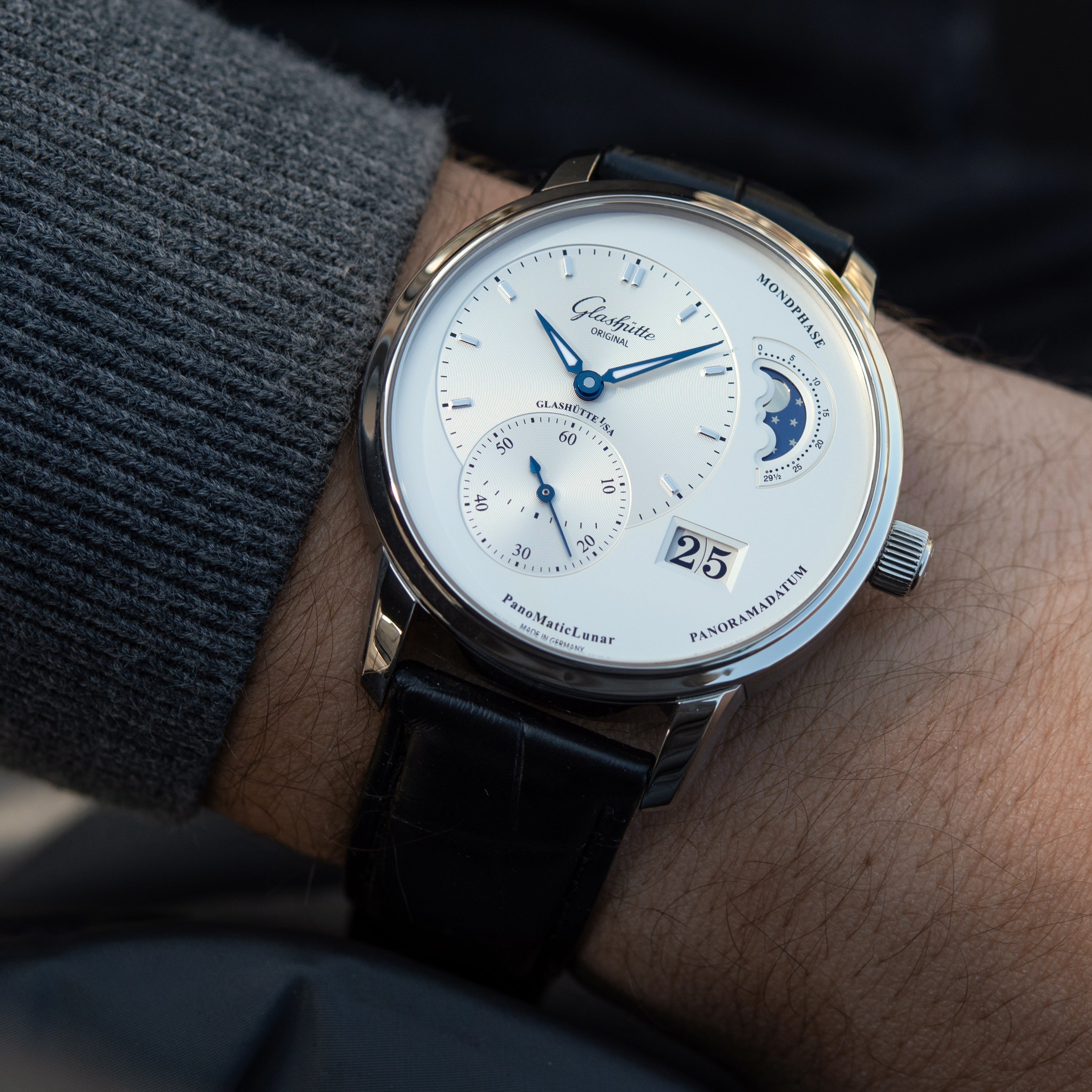 Glashutte Original PanoMaticLunar Watch with Black Alligator Leather Strap