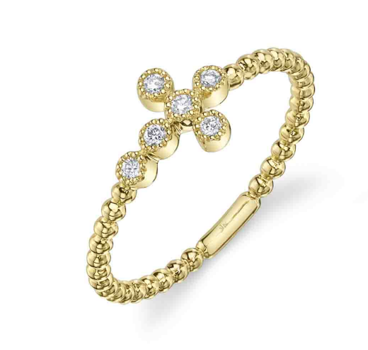 East West Bezel Set Diamond Cross Beaded Ring in 14K Yellow Gold, Size 6