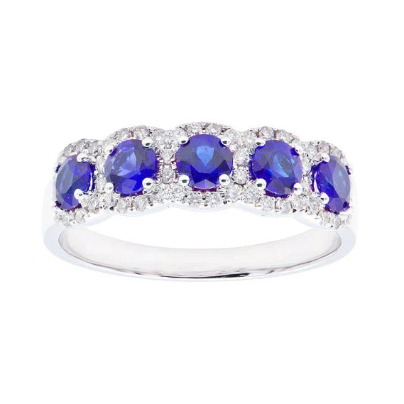 Sapphire Diamond 5 Across Halo Band Ring in 14K White Gold, Size 6.5