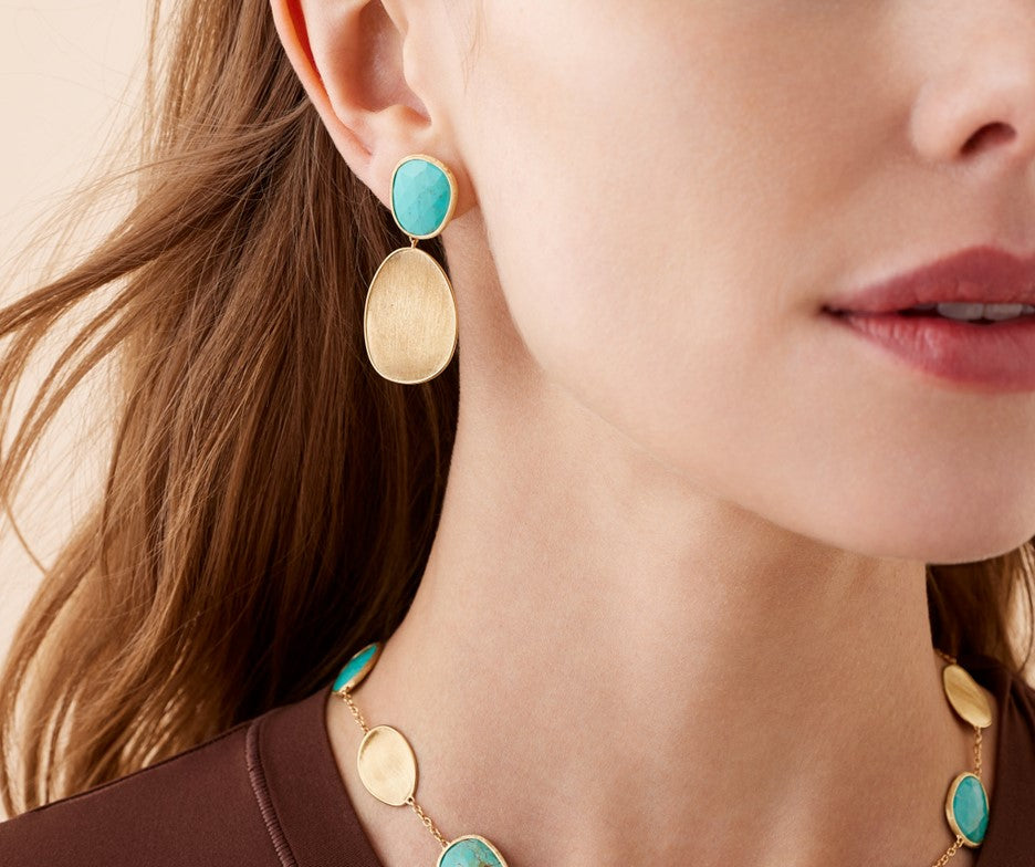 Marco Bicego Lunaria Double Drop Turquoise Earrings in Yellow Gold
