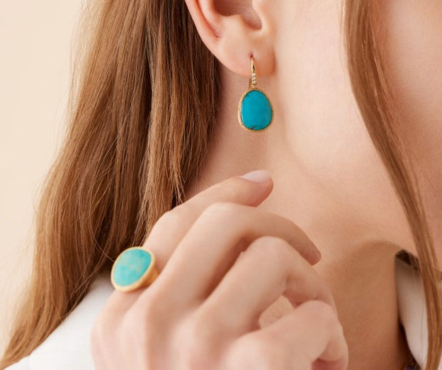 Marco Bicego Lunaria Pavé Hook Drop Earrings with Turquoise and Accent in Yellow Gold