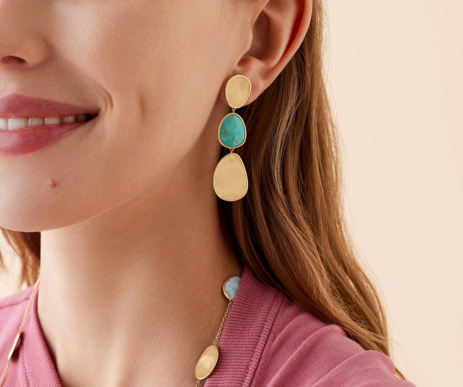 Marco Bicego Lunaria Three-Drop Turquoise Earrings in Yellow Gold