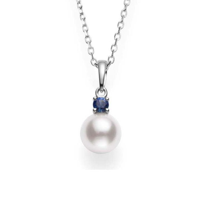 Mikimoto Pearl Pendant Necklace with Sapphire in White Gold, 8-8.5MM