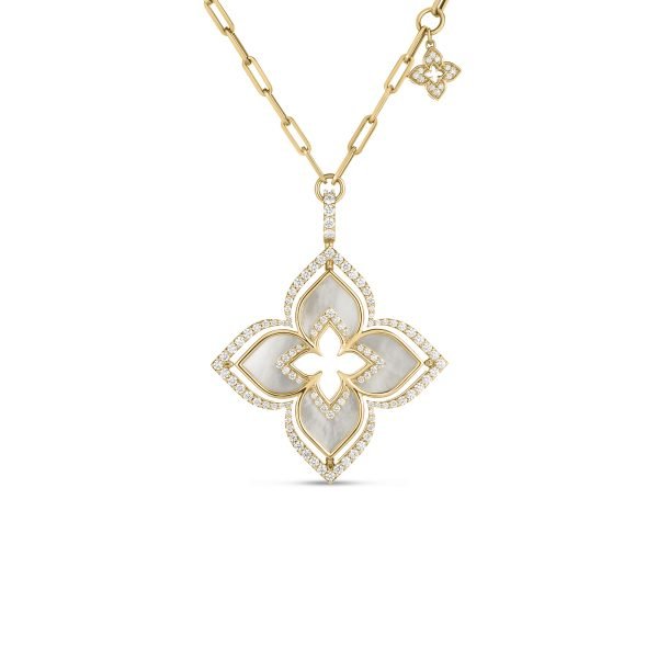 Roberto Coin Large Mother of Pearl Venetian Princess Pirouette Flower Necklace in 18K Yellow Gold, 17" Length