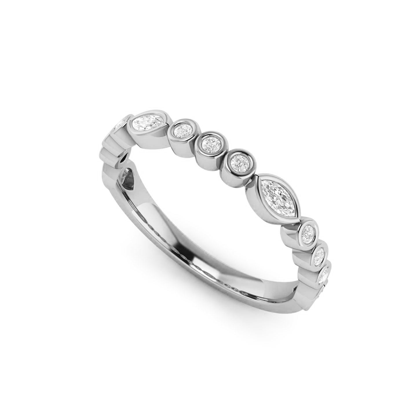 Alternating Bezel Marquise & Round Diamond Band in 14K White Gold, Size 6.5