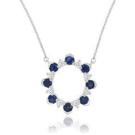 Sapphire Diamond Open Circle Pendant Necklace in 14K White Gold
