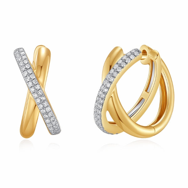 Pave Diamond Crossover Hoop Earrings in 14K Yellow Gold