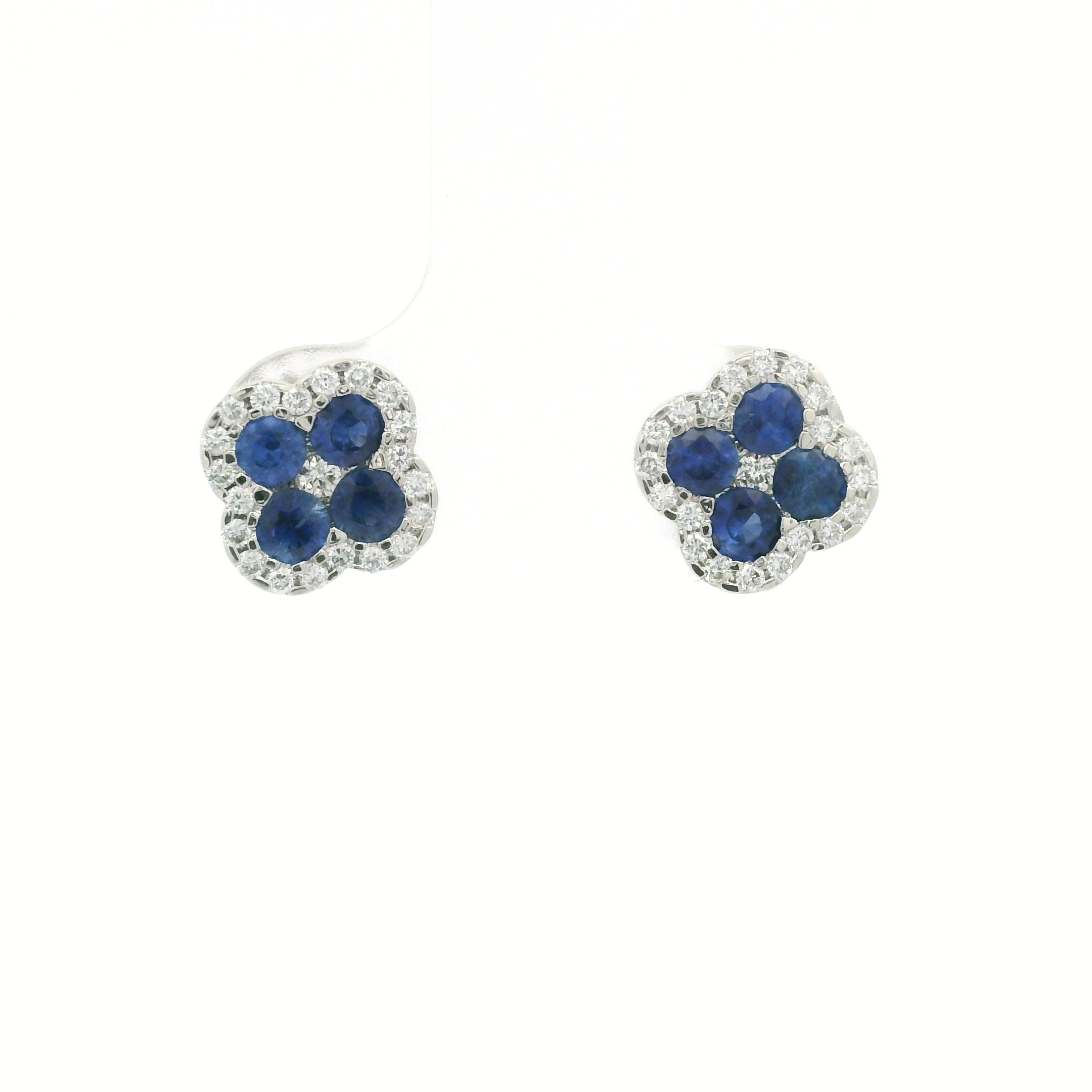 Sapphire Diamond Clover Stud Earrings in 14K White Gold