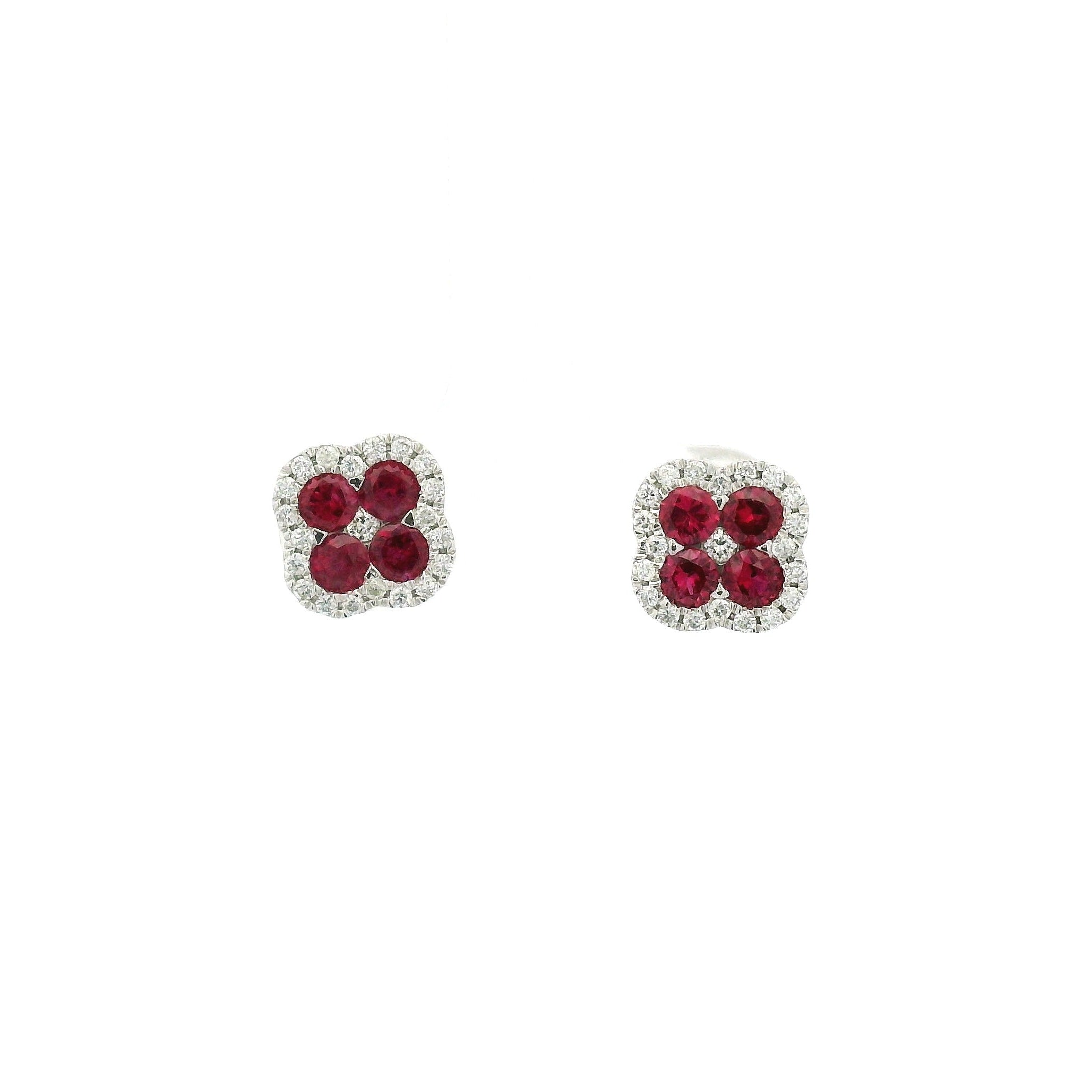 Ruby Diamond Clover Stud Earrings in 14K White Gold