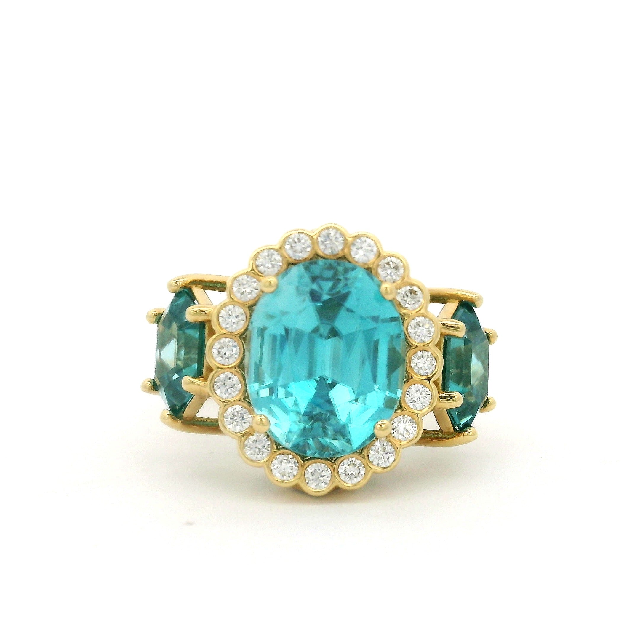 Erica Courtney Oval Blue Zircon 3 Stone Ring in 18K Yellow Gold, Size 7.5