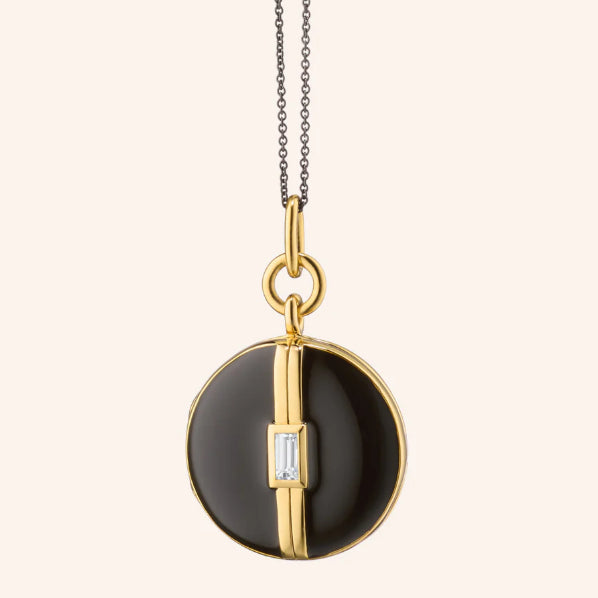 Monica Rich Kosann Black Enamel Round White Sapphire Locket Necklace in 18K Gold Plated, 17" Length
