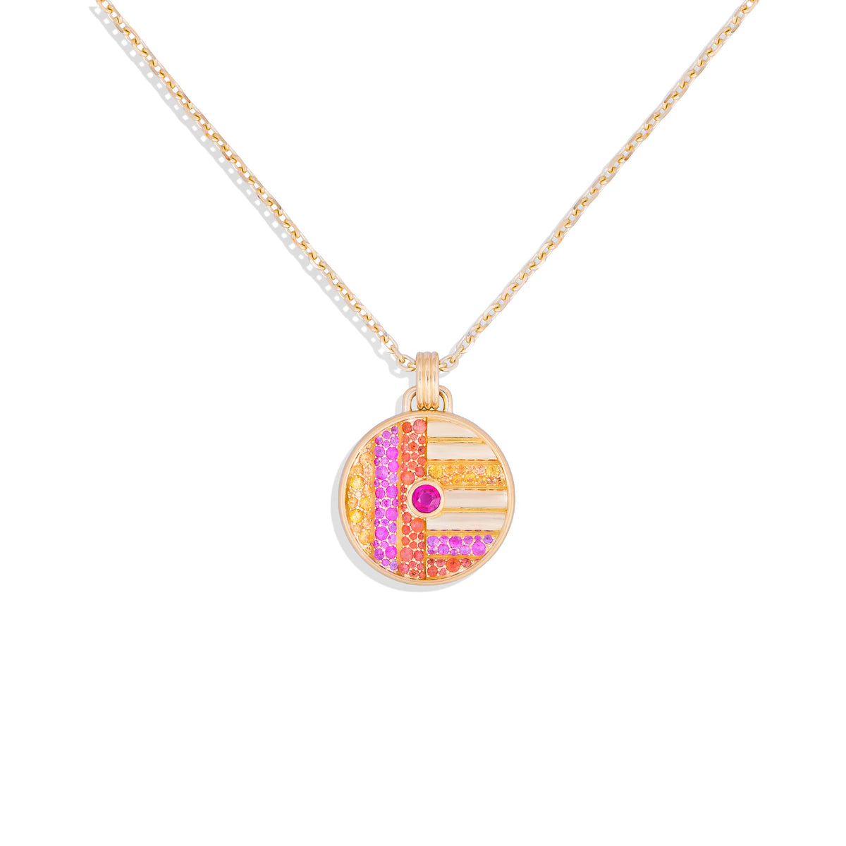 Campbell + Charlotte Large Orange & Pink Disc Pendant Necklace in 14K Yellow Gold