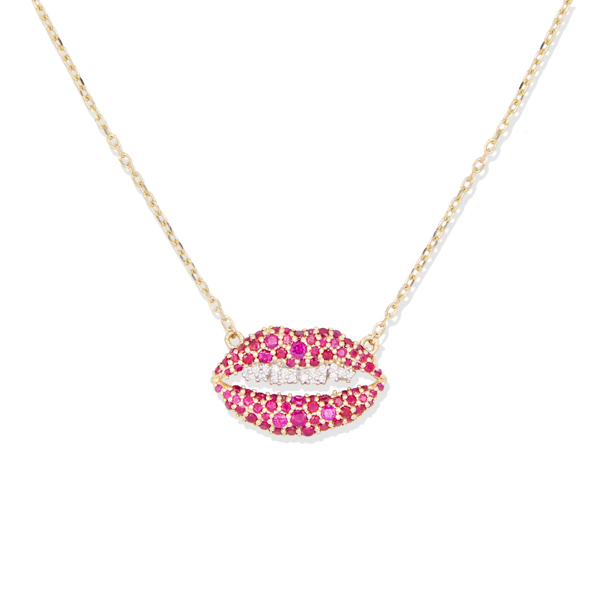 Campbell + Charlotte Juju Lips Ruby & Diamond Charm Necklace in 14K Yellow Gold