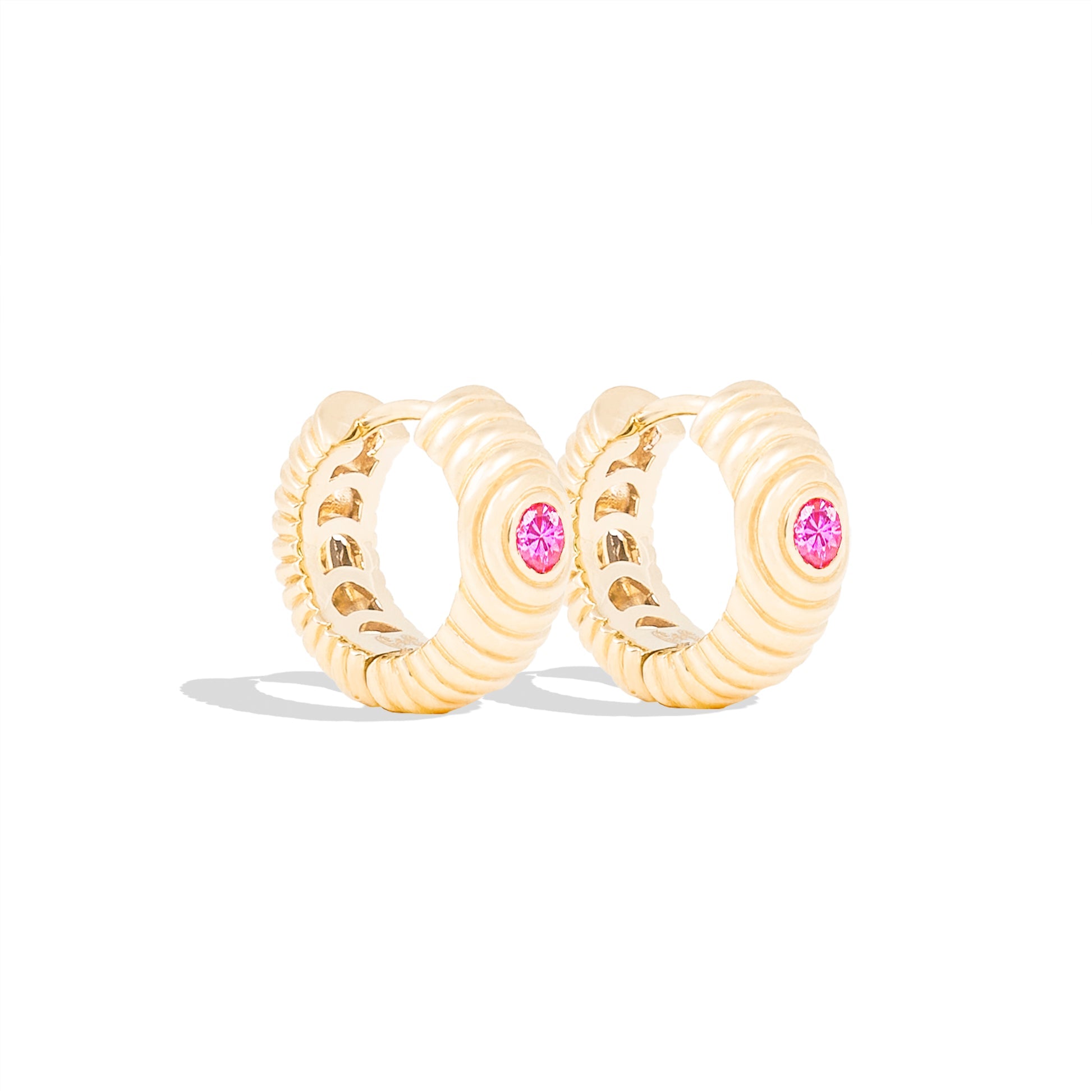Campbell + Charlotte Revel Ribbed Pink Sapphire Huggie Hoop Earrings in 14K Yellow Gold