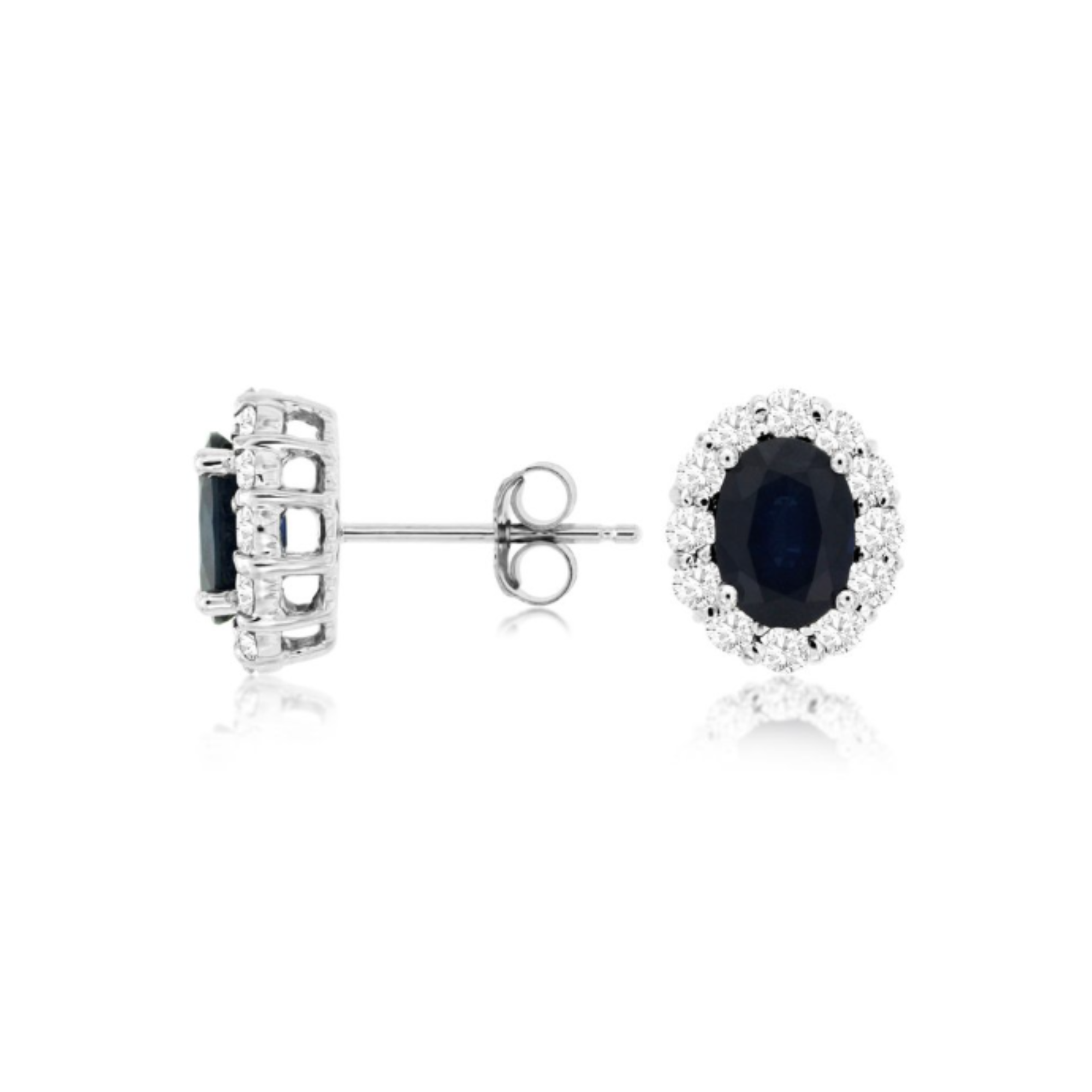 Oval Dark Sapphire Diamond Halo Stud Earrings in 14K White Gold