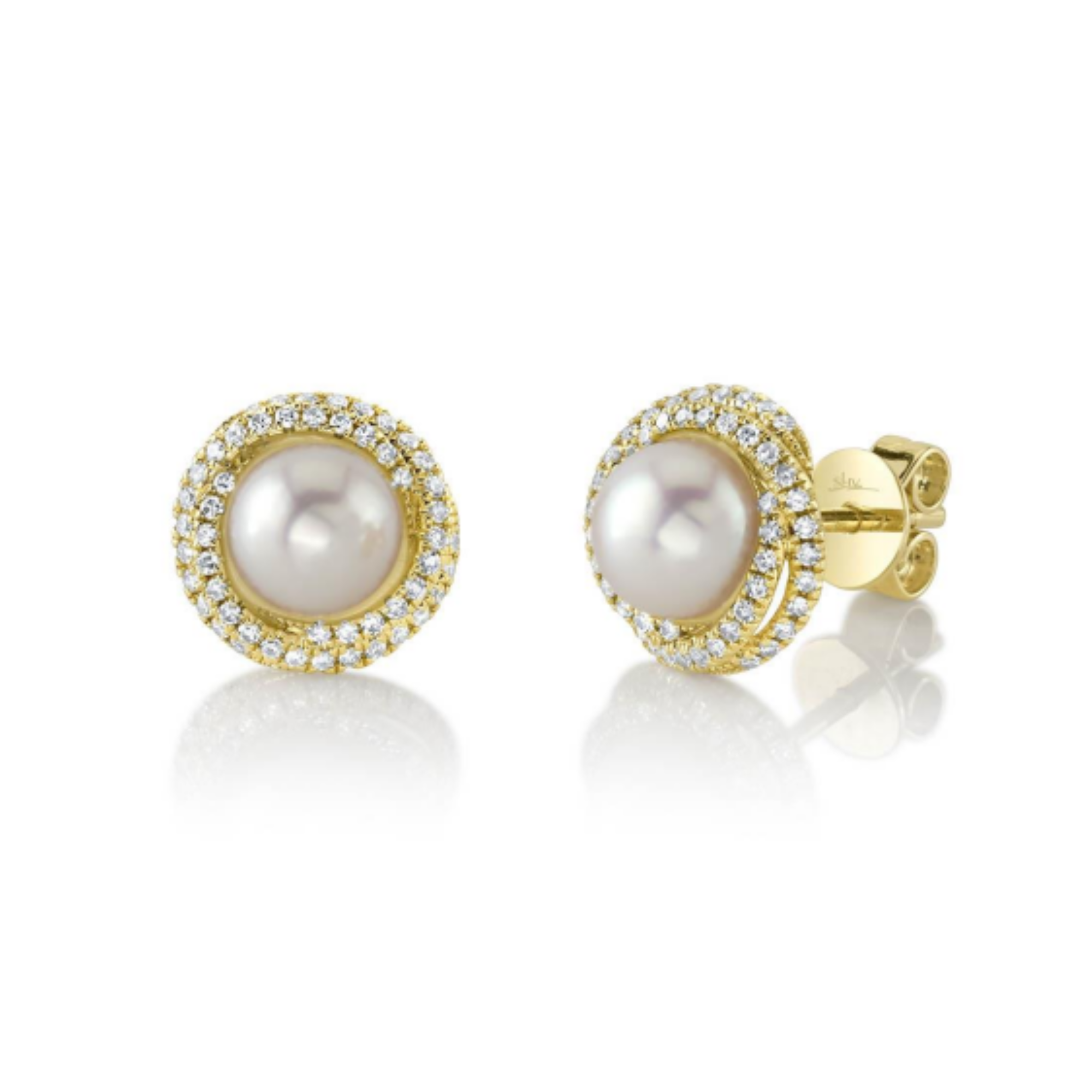 Pearl Twist Diamond Halo Stud Earrings in 14K Yellow Gold