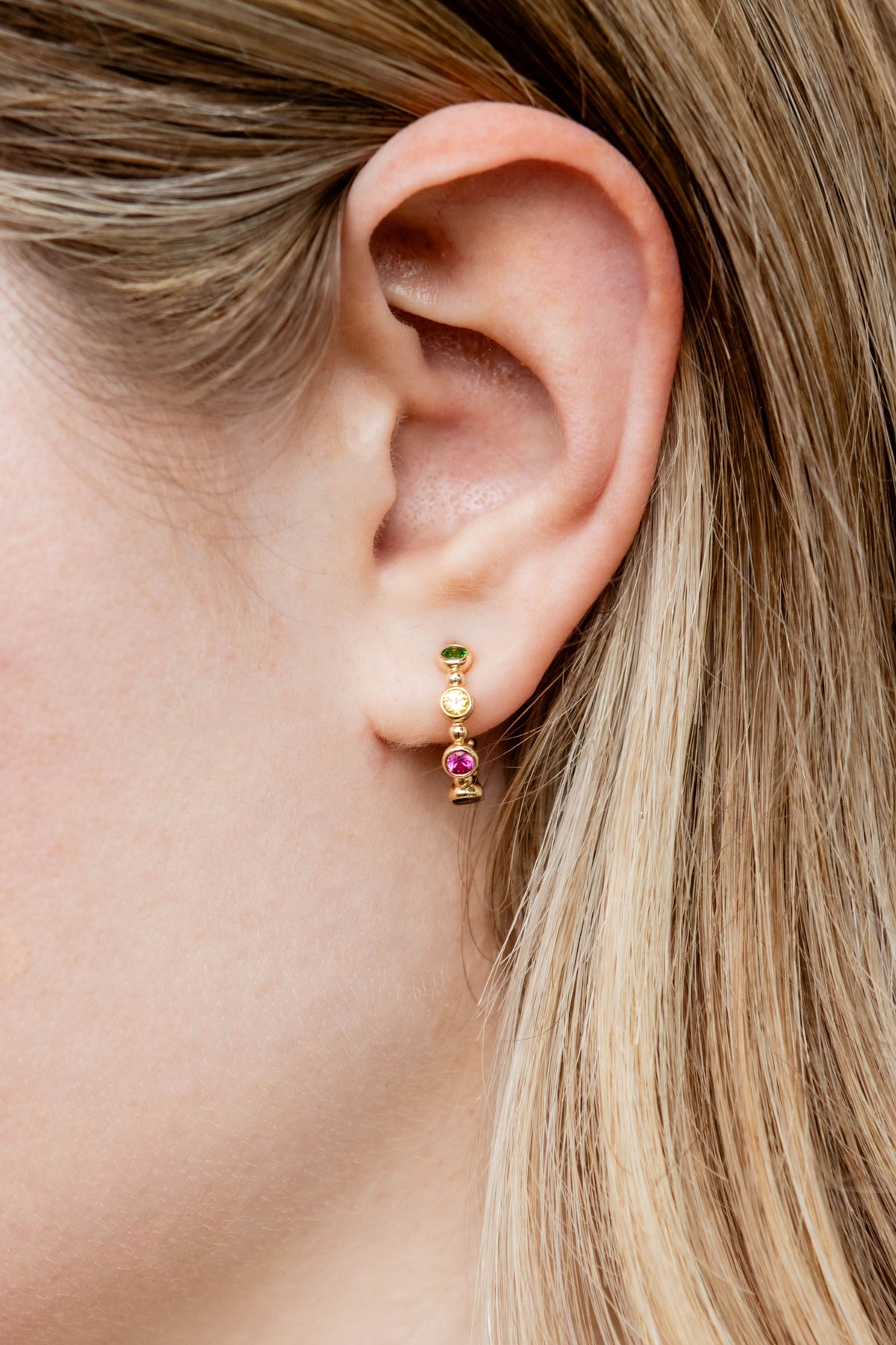 Mixed Color Sapphire Hoop Earrings in 14K Yellow Gold